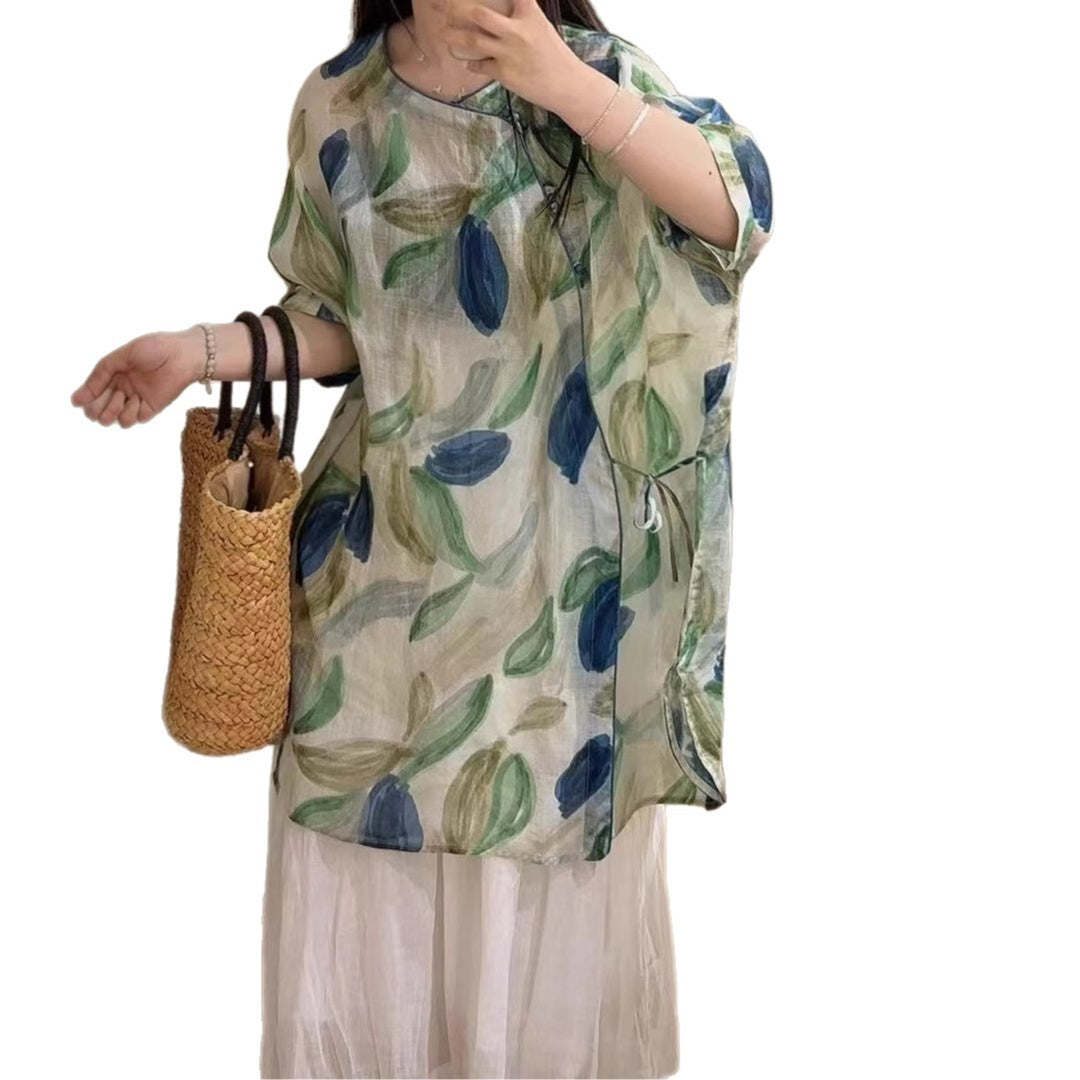 Dame Floral Broderet Linned Tunika Stilla