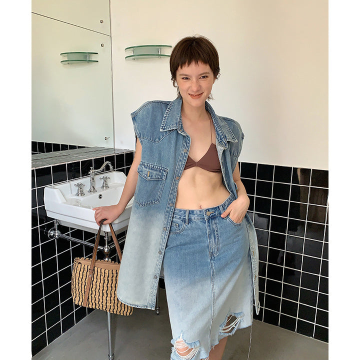 Dame Oversized Denimjakke med ærmeløst design og stilfuld frynseafslutning Stilla