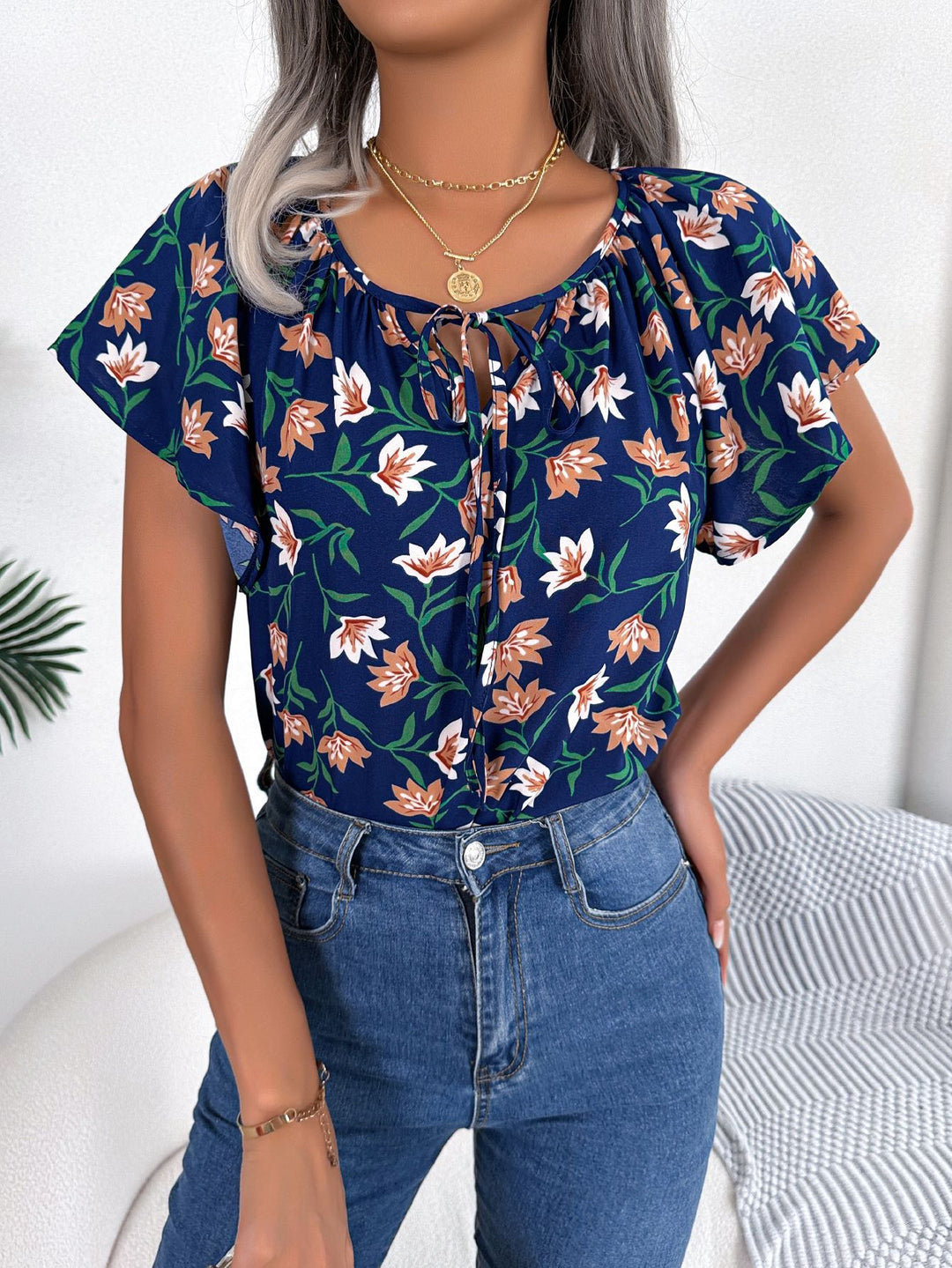 Damebluse med blomsterprint og elastiske ærmer Stilla