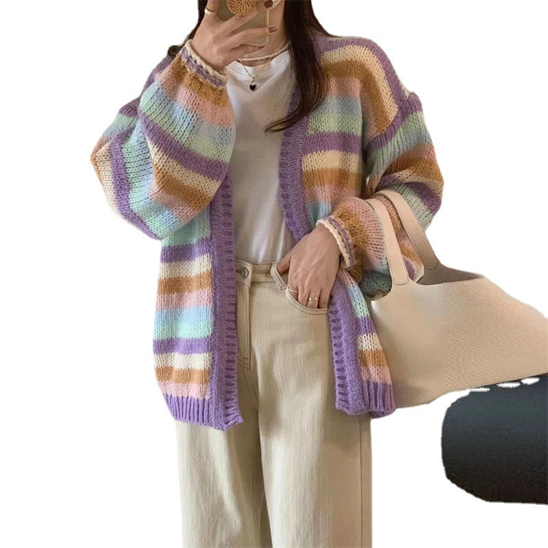 Kvinderne chunky strikkede cardigan med en afslappet pasform og farverigt stribet mønster Stilla