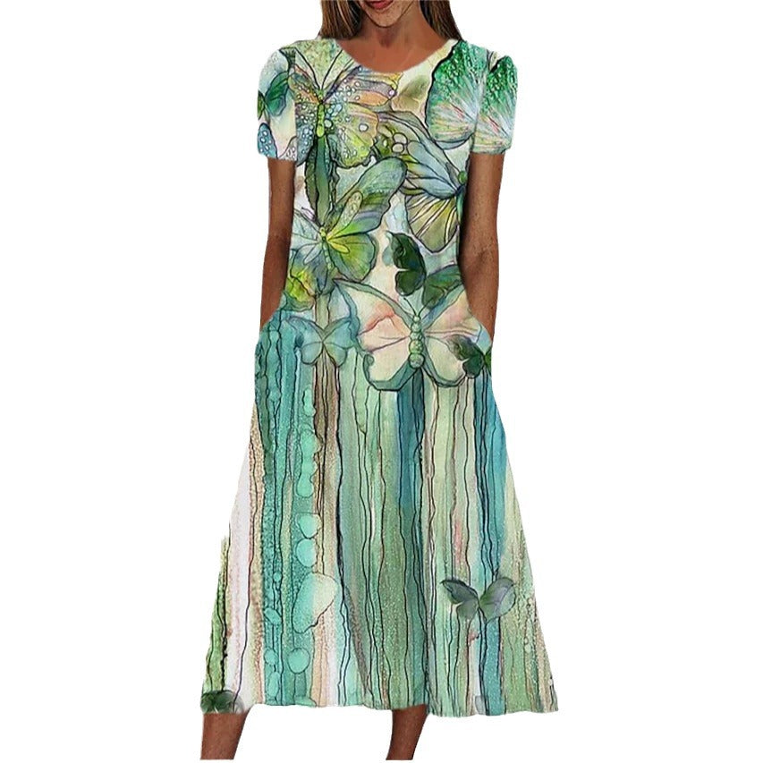 Stilla | Praktisk Casual Print Rund Hals Lomme Kjole