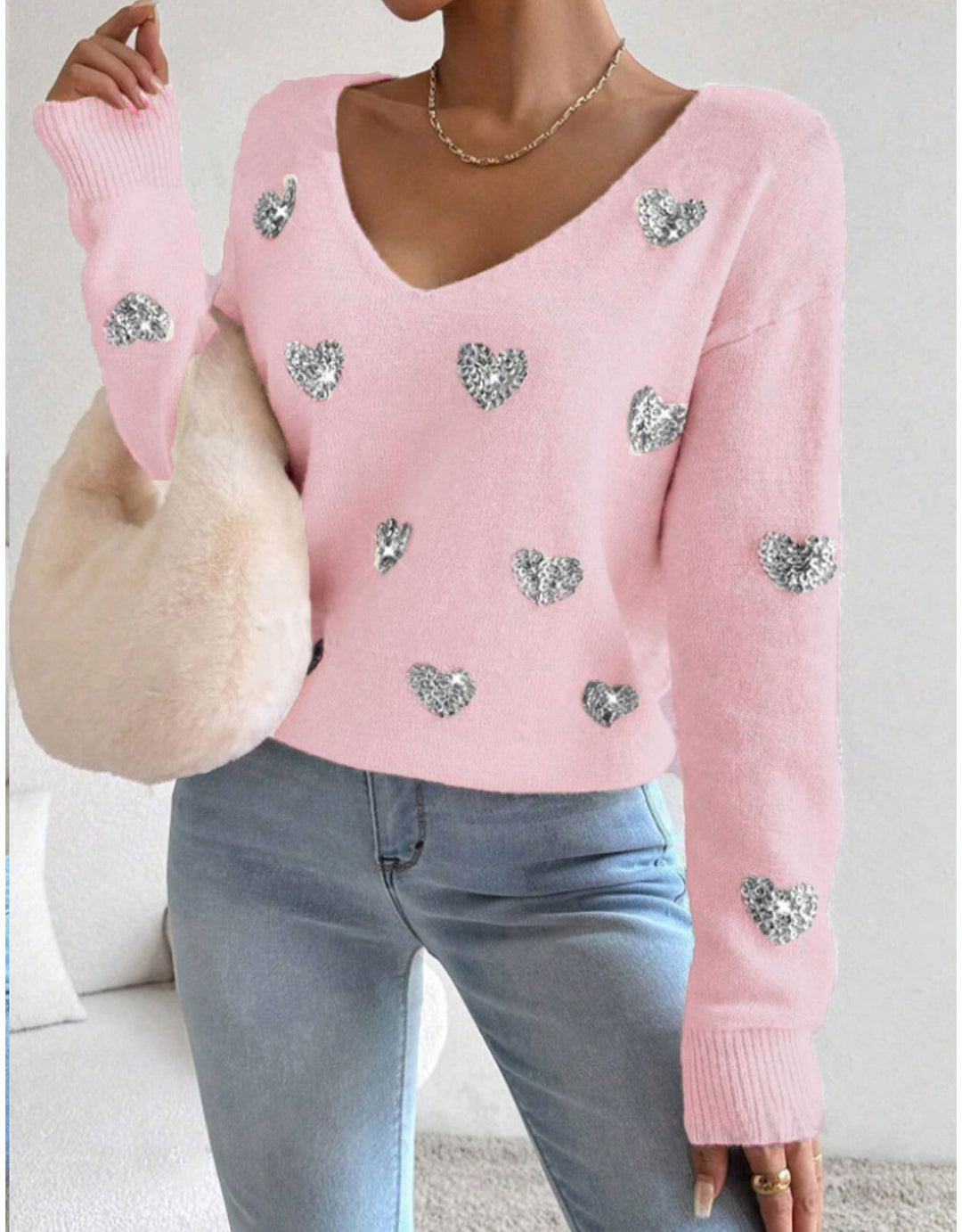 Dame oversized sweater med dyb V-hals og hjerte motiv Stilla