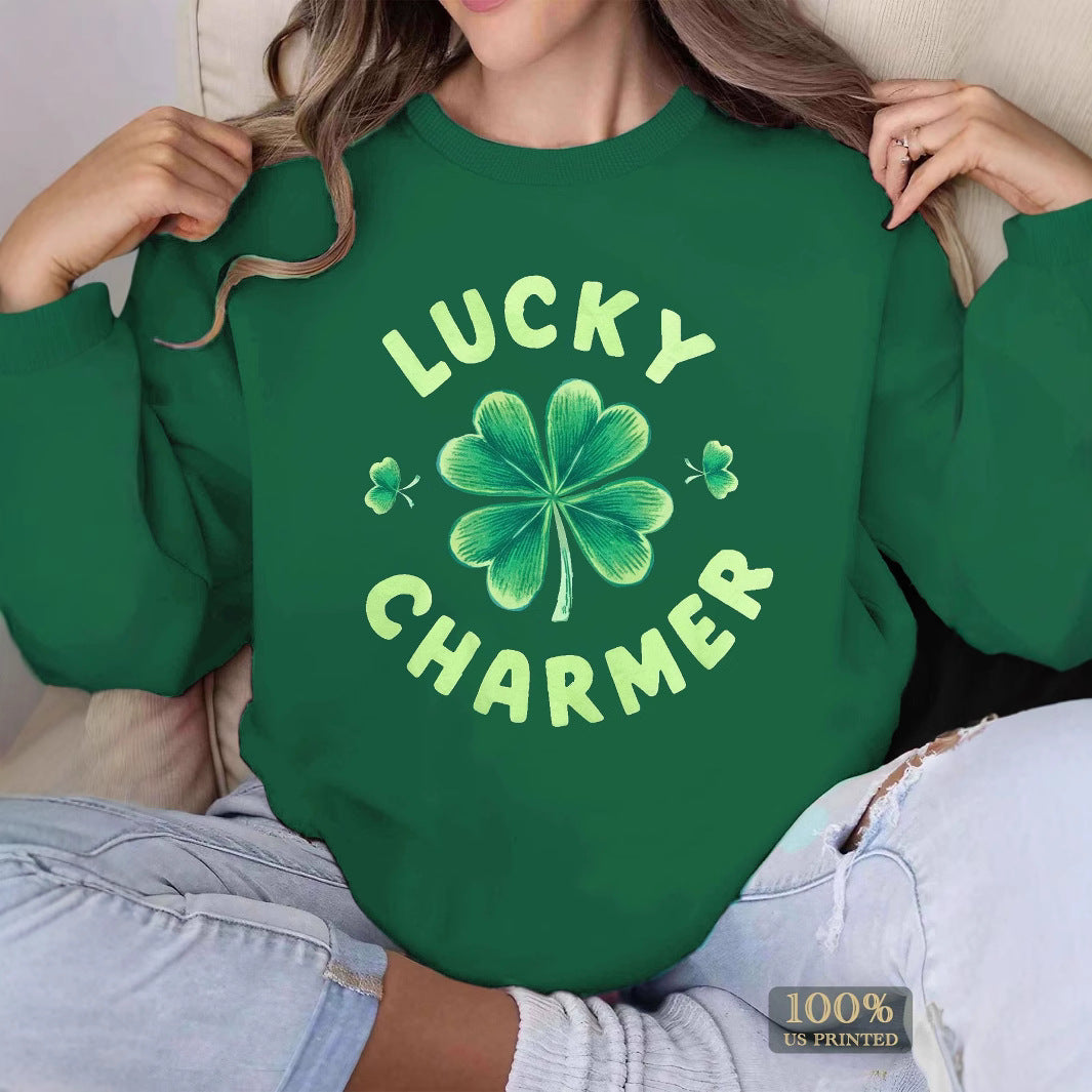 Kvinders sweatshirt med trendy kløverdesign og inspirerende tekst Stilla