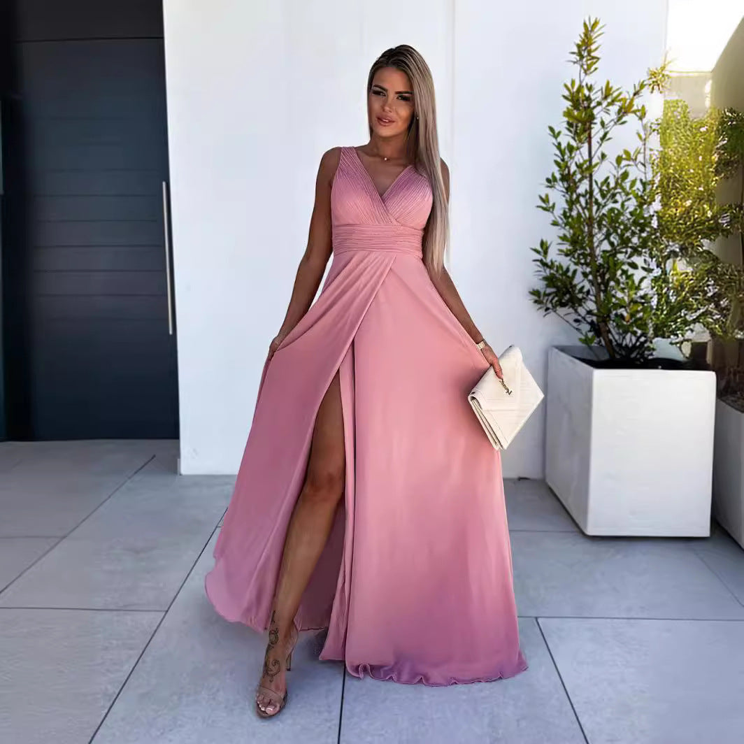 Dame elegant maxikjole med dyb slids og omslag detalje Stilla