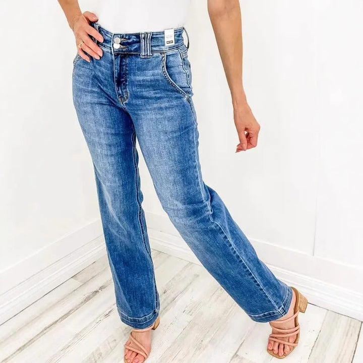 Dame Bredskårne jeans i vintagestil med høj talje og elegante syninger Stilla