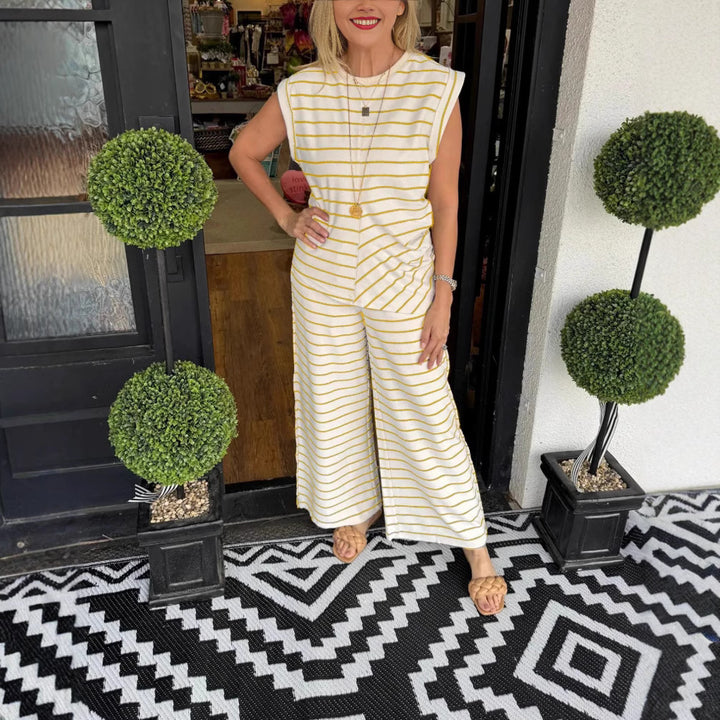 Dame stribet jumpsuit med bred ben og ærmeløst design Stilla