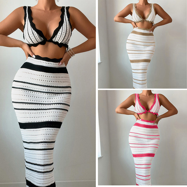 Dame Crop Top og Nederdel Ensemble i trendy Stribemønster Stilla