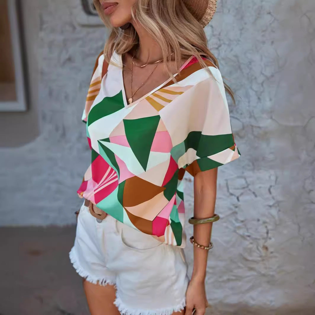 Dame Geometrisk Print V-Hals Top Stilla