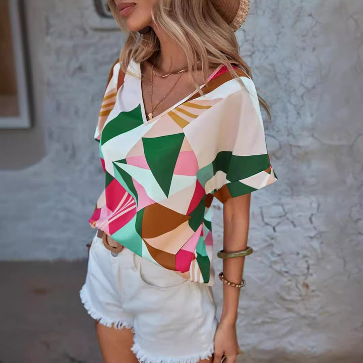 Dame Geometrisk Print V-Hals Top Stilla