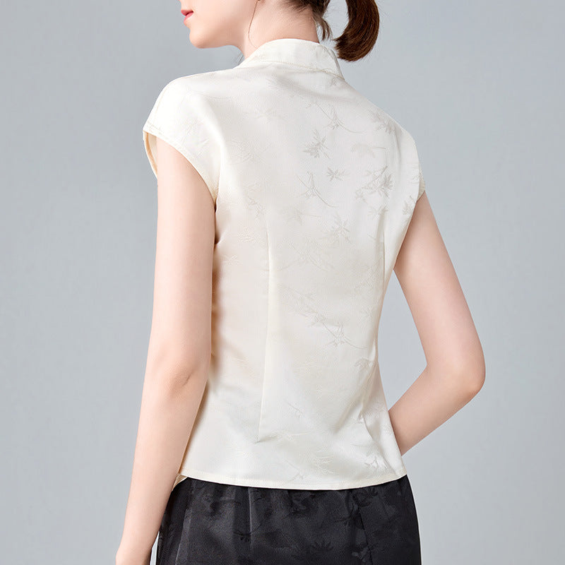 Dame Elegant Silke bluse i stilfuld Kinesisk snit med delikate knapdetaljer Stilla