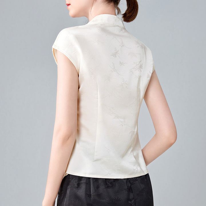 Dame Elegant Silke bluse i stilfuld Kinesisk snit med delikate knapdetaljer Stilla