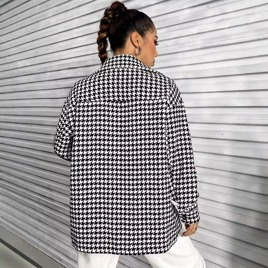 Dame oversized bluse i hundetand design med patch Stilla