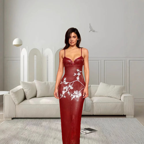 Dame Maxikjole lavet af skinnende materiale med blomstrede accenter Stilla