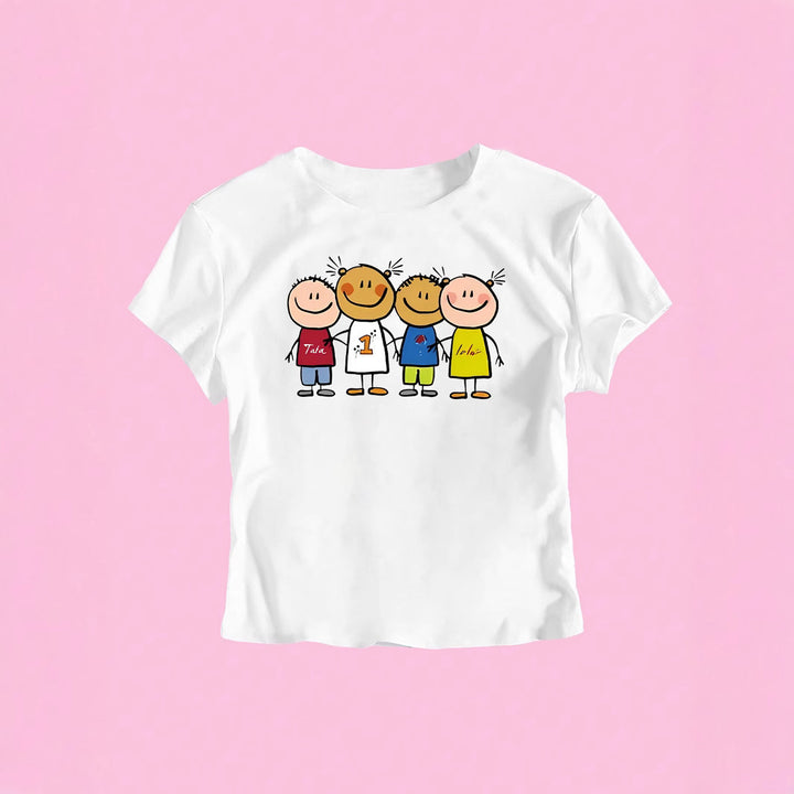 Dame Crop-T-Shirt med kreativt børnetegning mønster Skovae