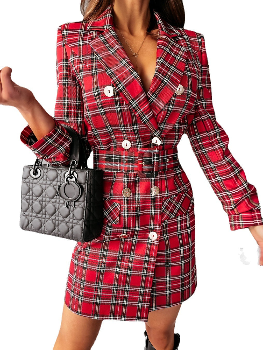 Dame Blazer-kjole med houndstooth-mønster og smal taljebælte Stilla