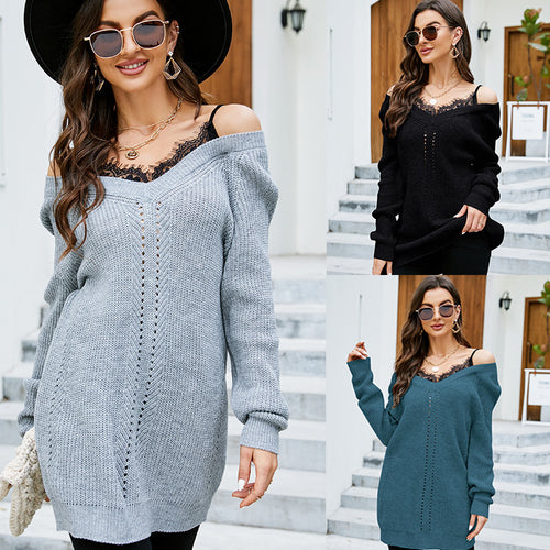 Dame Off-Shoulder Strikpullover med dekorativ hulmønstring Stilla