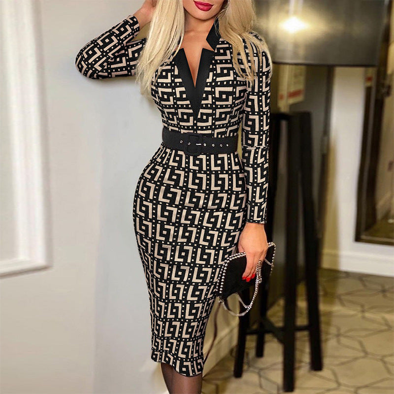 Stilla | Rude-print V-udskæring Bodycon Langærmetkjole