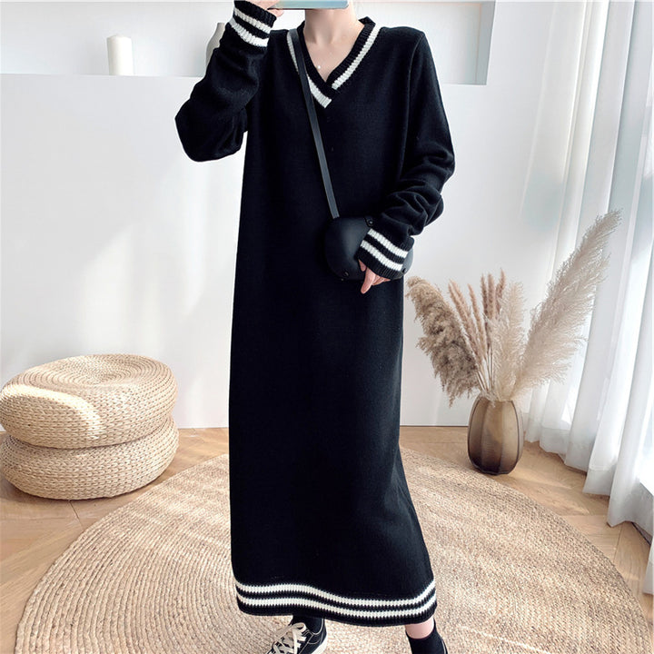 Femme Sporty V-Udskæring Strik Maxi Kjole med Ribkanter Stilla