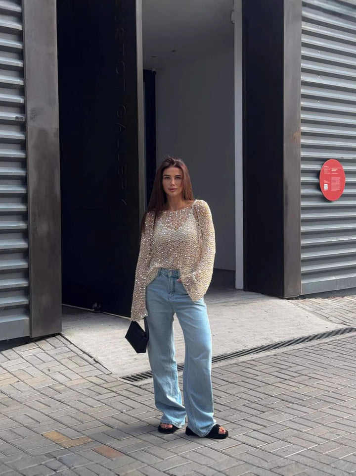 Dame Cropped Strikbluse med glitrende accenter Stilla
