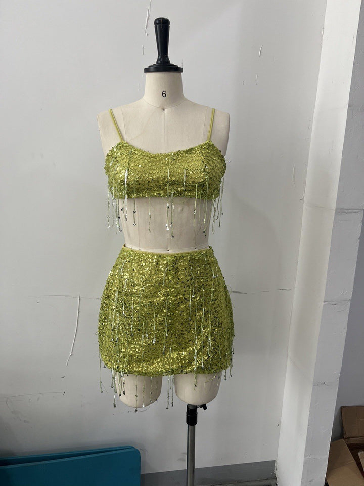 Dame Glitrende Crop-Top og Mini Skirt Sæt med Frynser Skovae