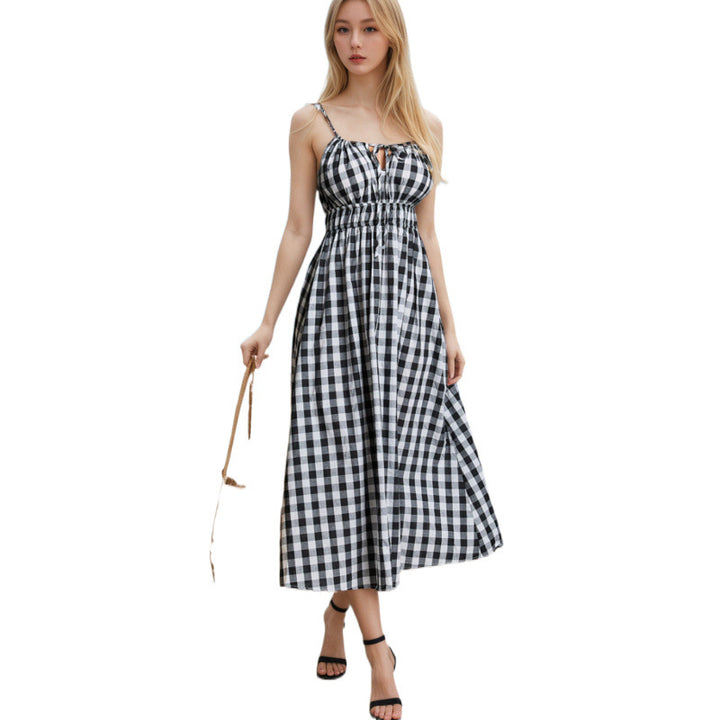 Dame Gingham-print maxikjole med justerbare bindebånd Stilla