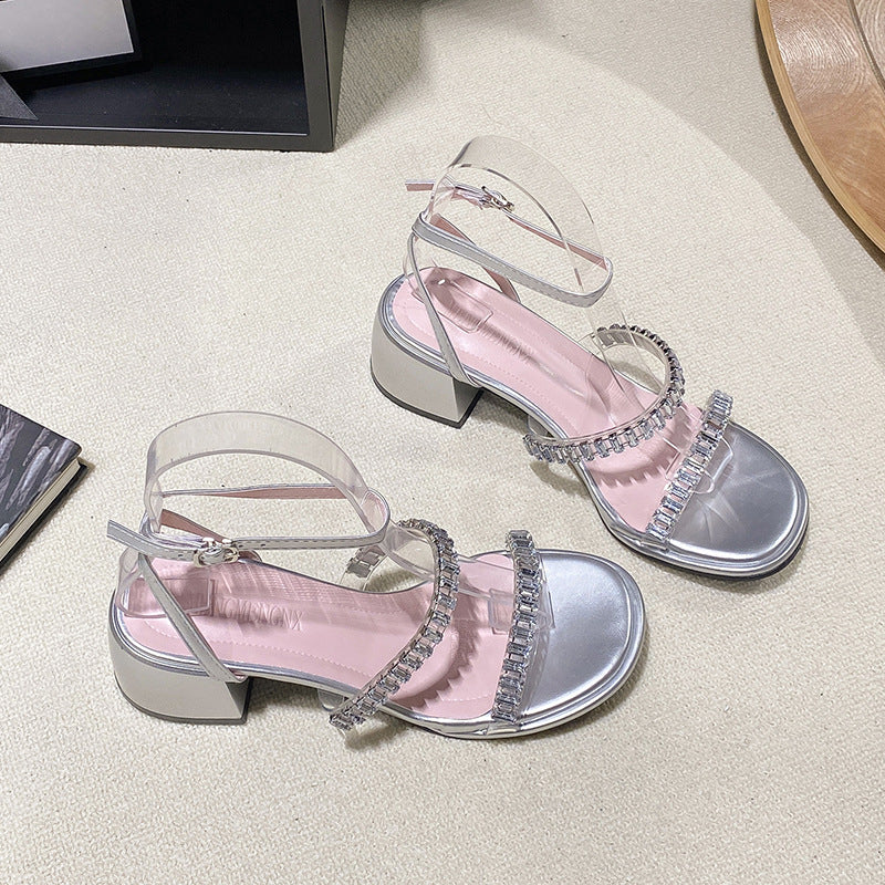 Dame Elegante Blockhæl sandaler med transparente remme og rhinesten dekorationer Stilla