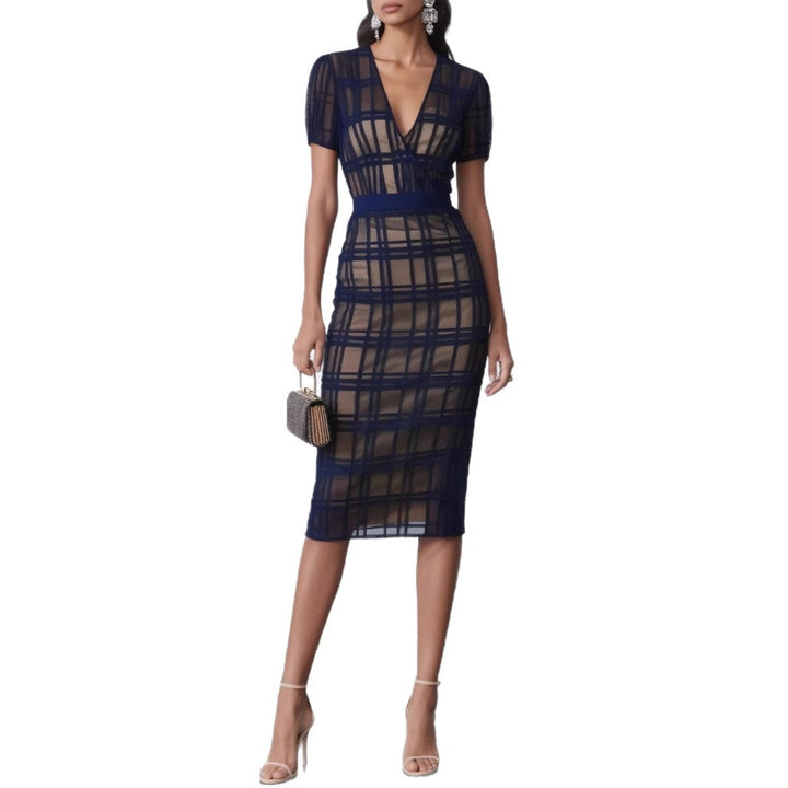 Dame Bodycon Mesh Midi Kjole med Rutmønster Stilla
