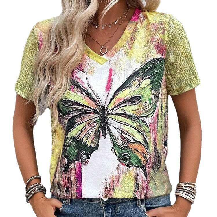 Dame V-hals T-shirt med kunstnerisk sommerfugletryk og afslappet pasform Stilla