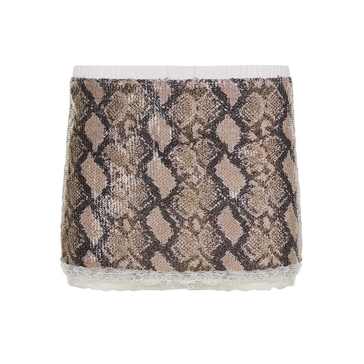 Dame Glitrende Mini skirt med Slange mønster og Blonde kant Skovae