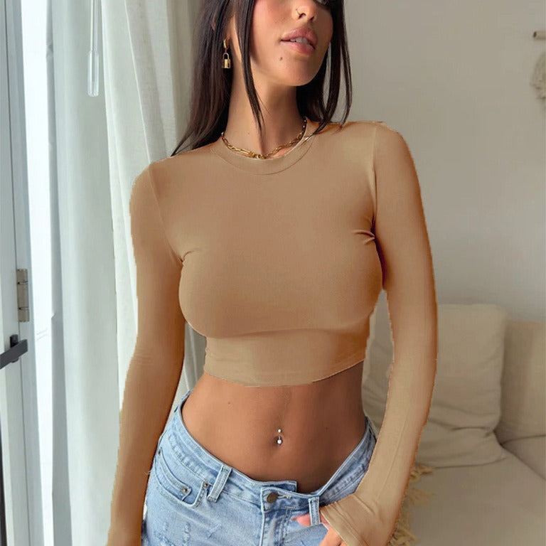 Dame elegant langærmet Crop-Top lavet af hudvenligt materiale Skovae