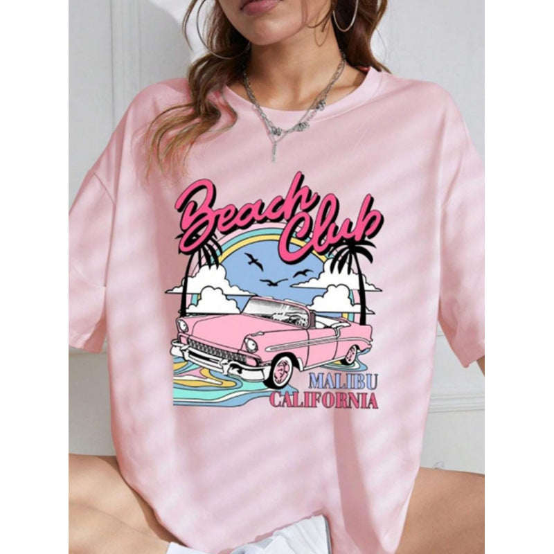 Dame T-shirt med afslappet grafikdesign og inspirerende Beach Club motiv Stilla