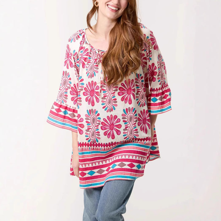 Dame bohemeinspirerede blomsterprint tunika-top Stilla