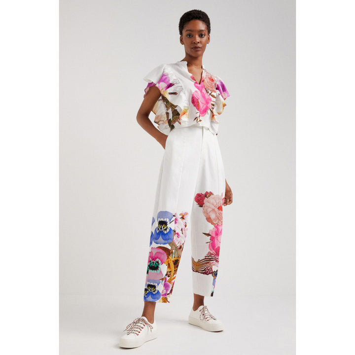 Dame Floral Print Rüschenshirt og Vidde Bukser Sæt Stilla