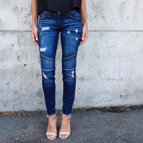 Dame Skinny Jeans med moderne ribdetaljer og afslappede ødelæggelses-effekter Stilla