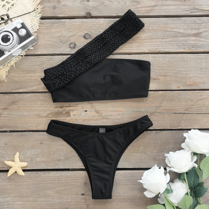 Dame Bandeau-bikini med flettet bæresystem og høj skæring Stilla