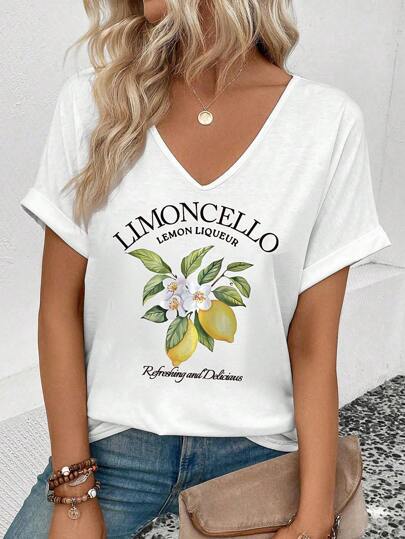 Dame T-shirt med blomstret tryk og V-udskæring Stilla