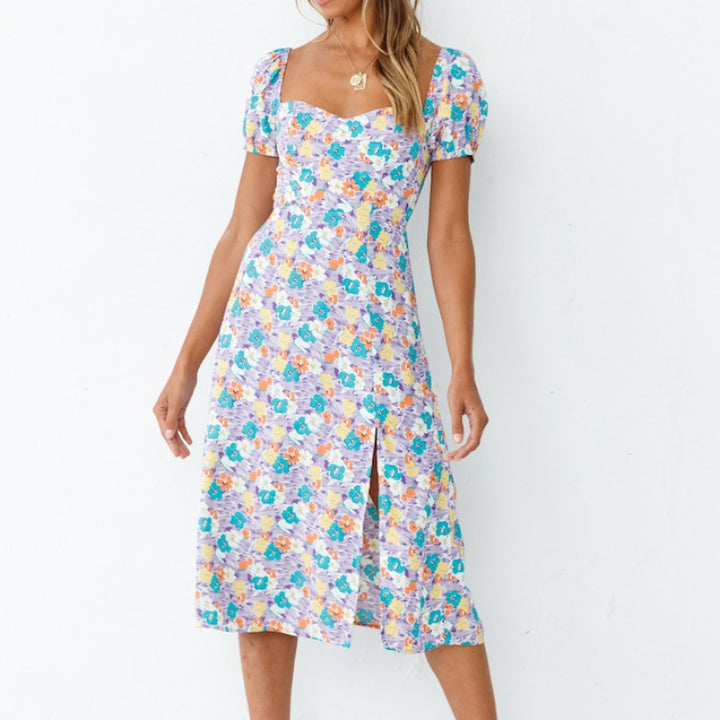 Dame Floral Puffærmer Midi Kjole Stilla