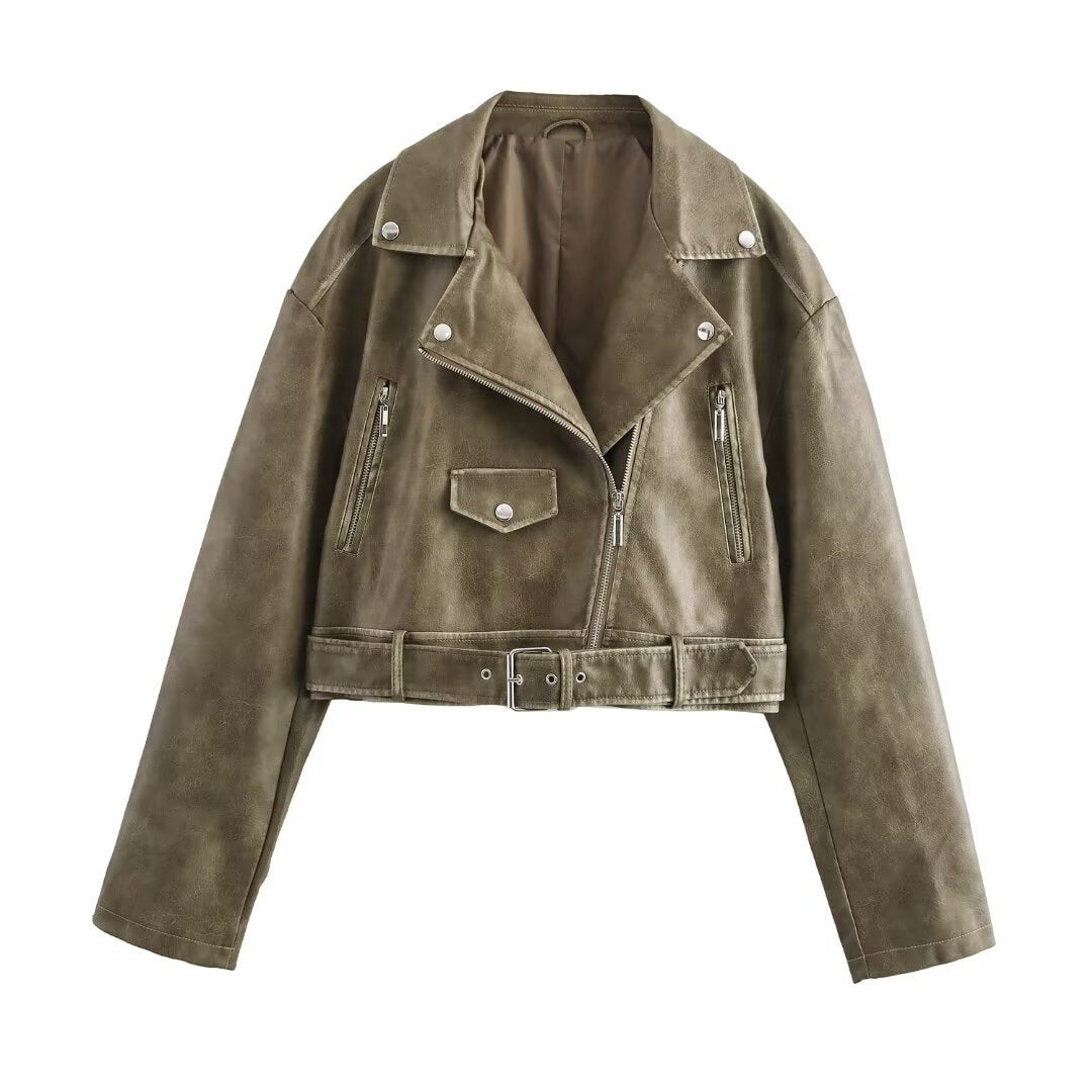 Femme Cropped Bikerjakke med Bælte Detalje Stilla