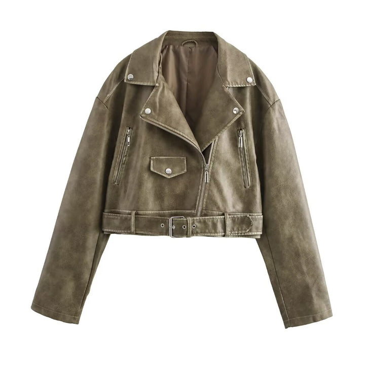 Femme Cropped Bikerjakke med Bælte Detalje Stilla