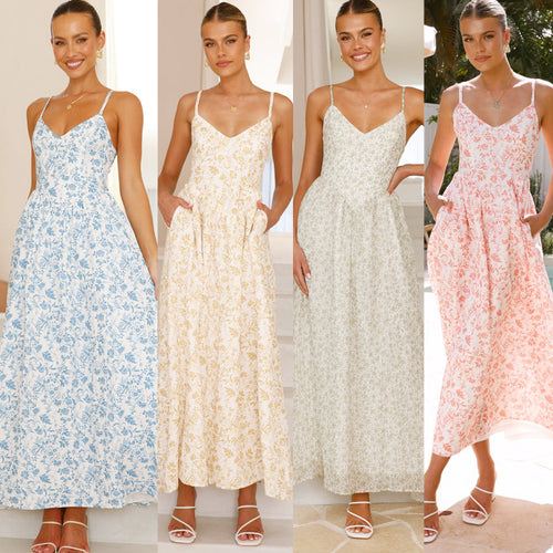 Damer Elegant Maxi Kjole med Fin Blomster Mønster og Delikate Spaghetti Stropper Stilla