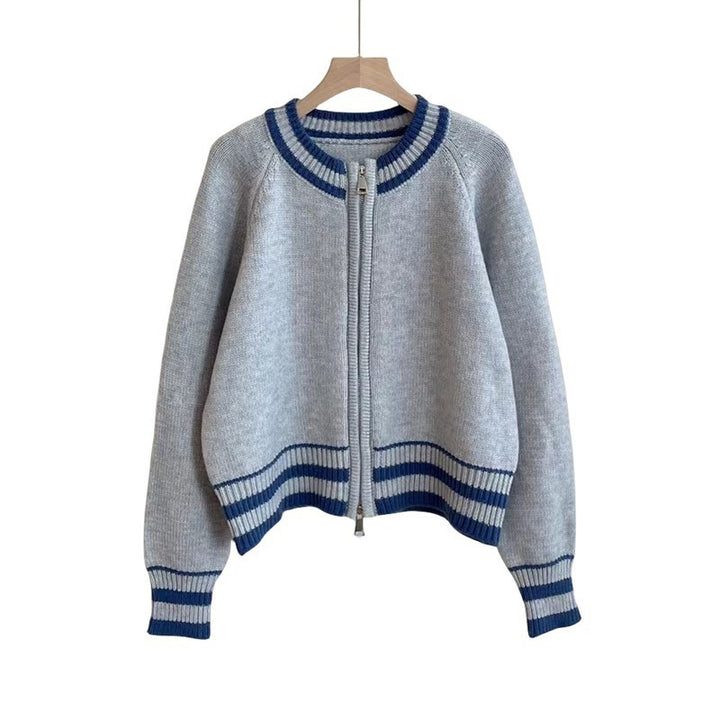 Kvinders sporty strik cardigan med lynlås og stribet manchet Stilla