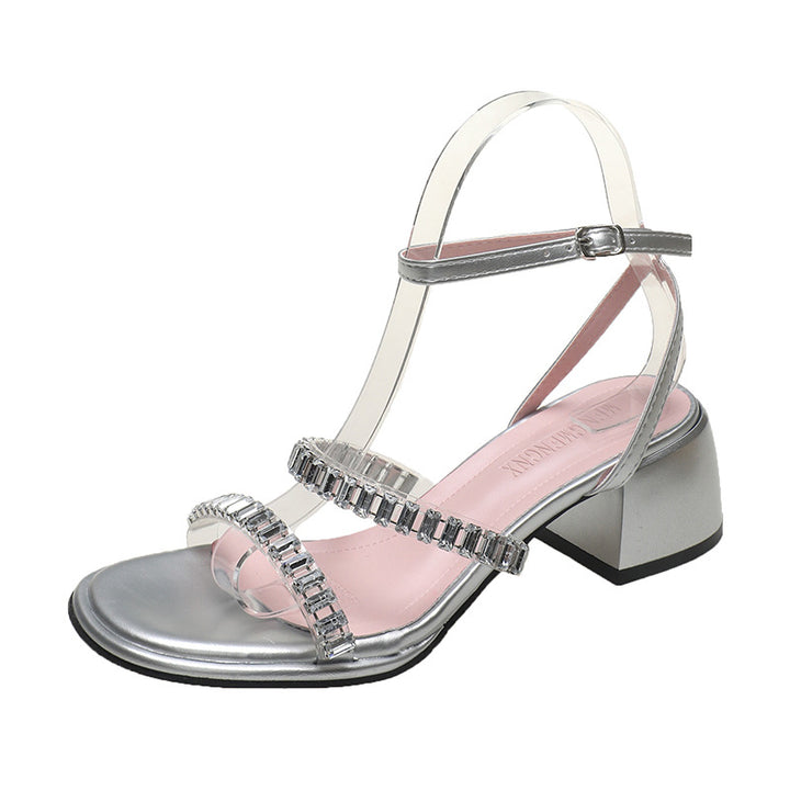 Dame Elegante Blockhæl sandaler med transparente remme og rhinesten dekorationer Stilla