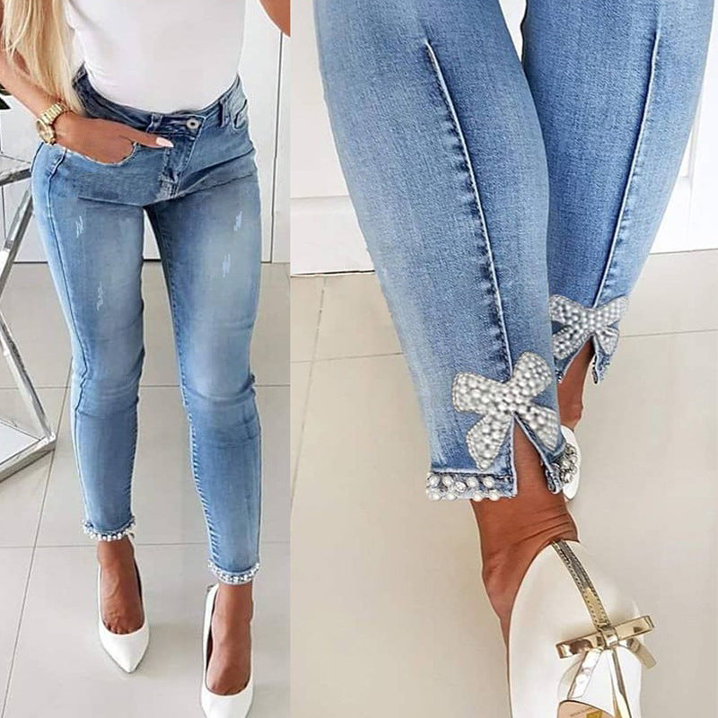 Dame Slim Fit Jeans med højt skåret talje og frynset kant Stilla