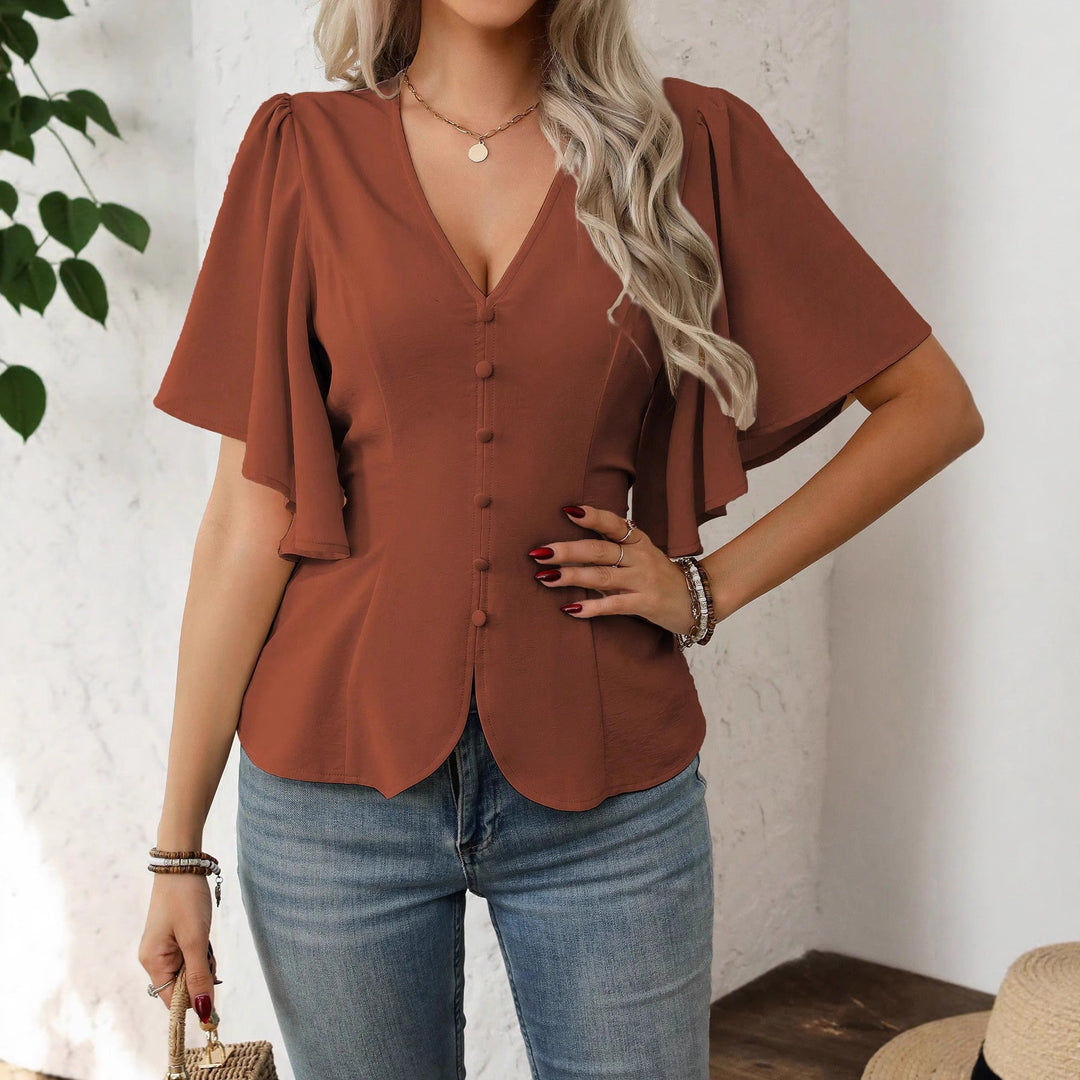 Damer elegant bluse med klokkeærmer og knapdetalje Skovae