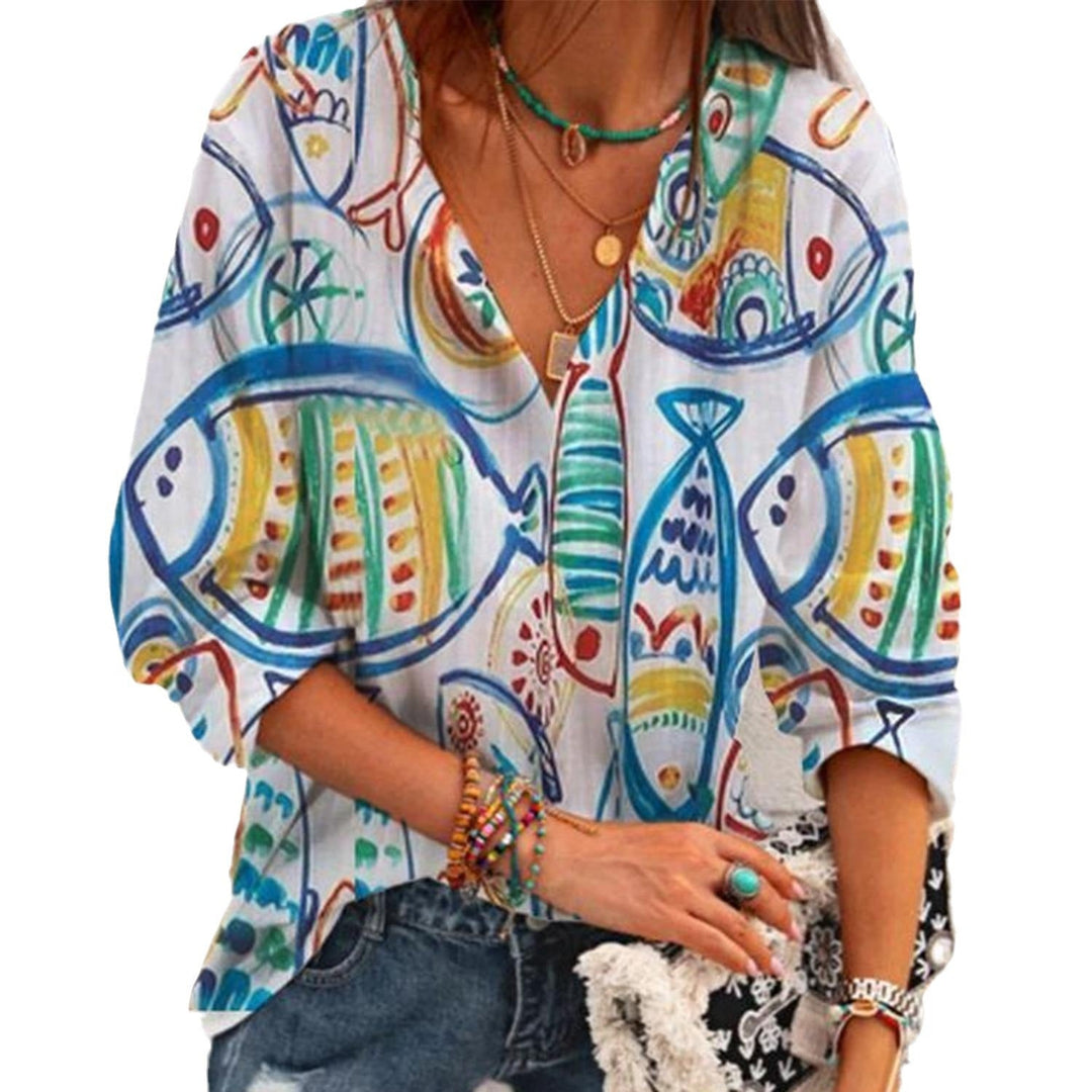 Stilla | Trendy Print V-Hals Cuff Stræk Tre-Fjerdedel Ærme T-Shirt