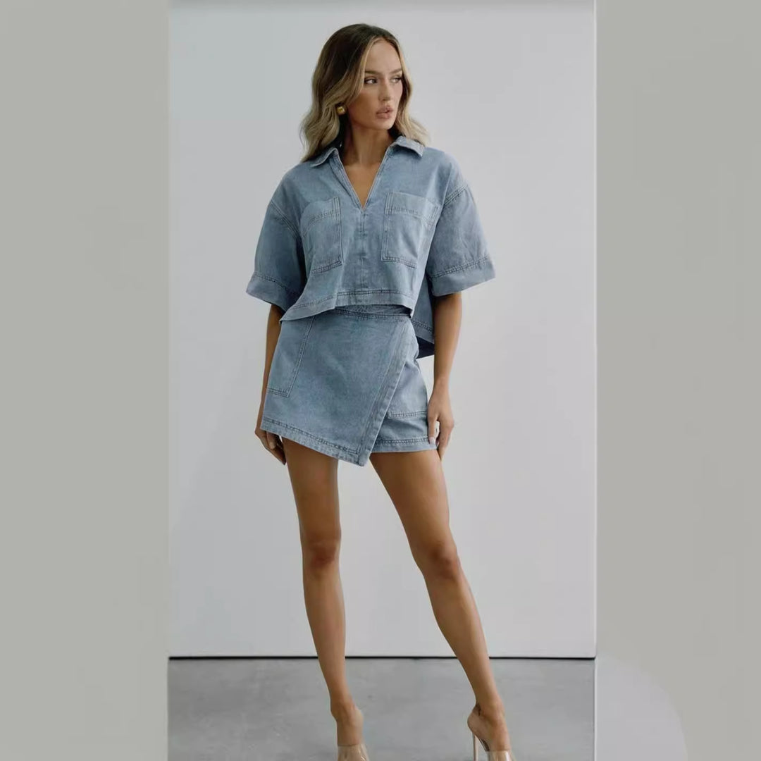 Dame Jeans-mini-sæt med casual kortærmet overdel og smart snit Stilla