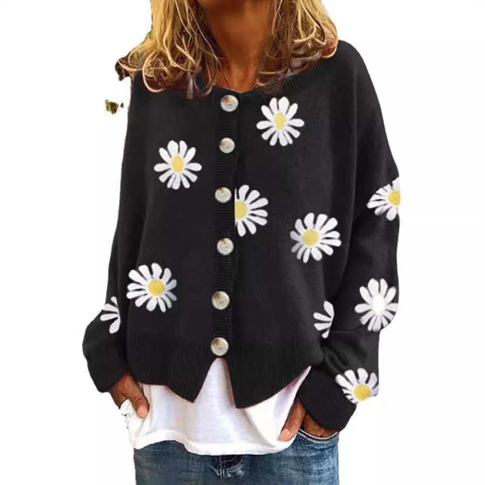 Dame stribet strikjakke med blomstermønster Stilla