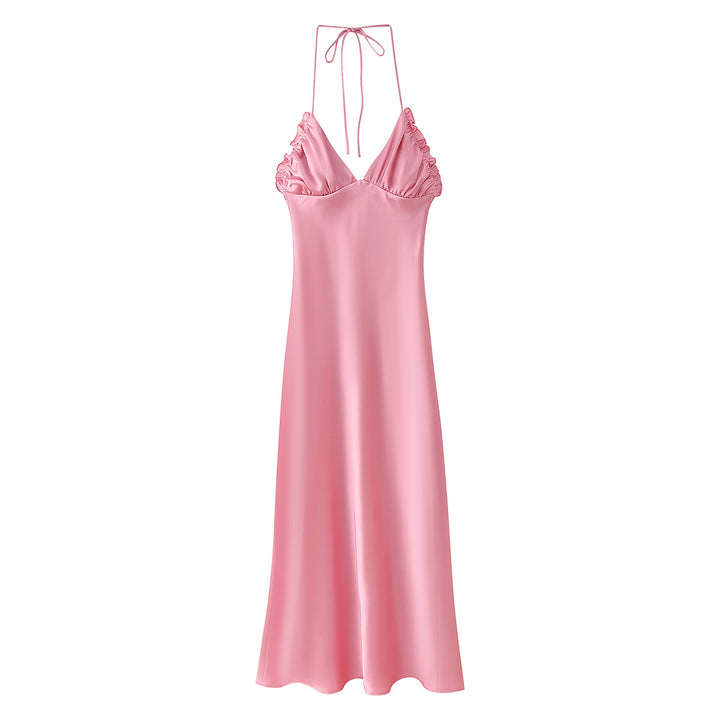 Femme Halter Neck Satin Maxi Kjole med Flæsedetalje Stilla