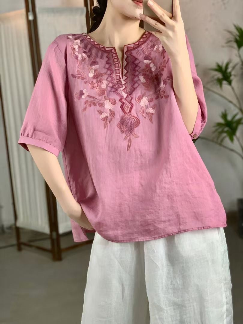 Femme Broderet Linned-Tunika-Overdel Stilla