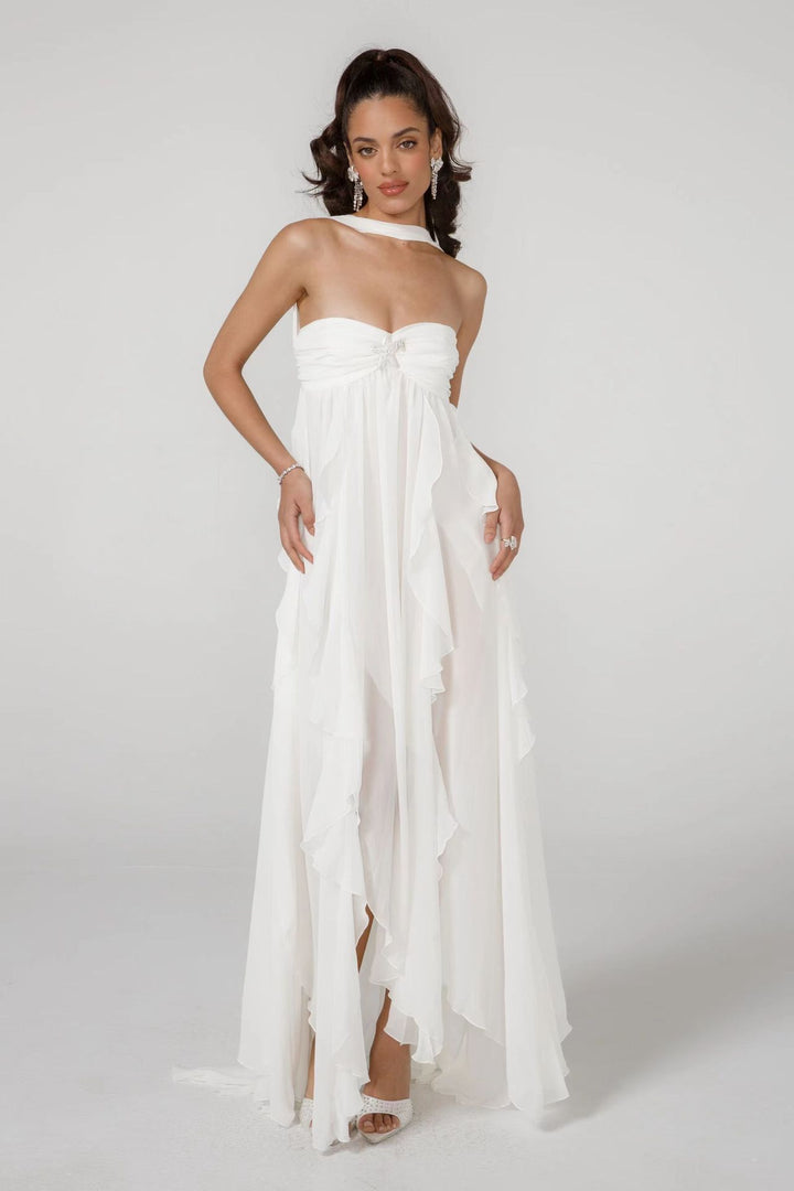 Dame Elegant Maxi Kjole med asymmetrisk søm og fine flæsedetaljer Skovae
